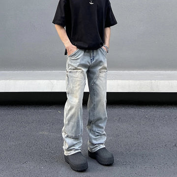 Aidase American Streetwear Double Knee Logging Overalls Mens Spring and Autumn Jeans Light Blue Straight Leg Pants Cleanfit Washed Jean aidase-shop